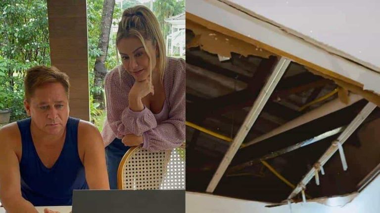 Susto: Forro do teto da casa de Leonardo e Poliana Rocha cai e assusta os moradores
